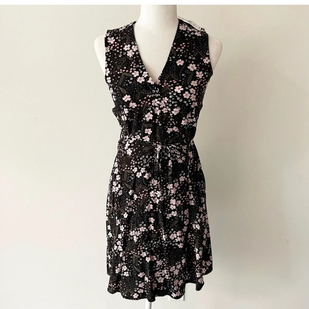 LOFT Outlet | Black/Pink Floral Sleeveless Wrap Dress - Picture 1 of 3